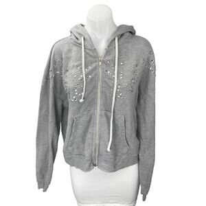 Wildfox Womens Gray Rhinestone Beaded Hoodie Hooded Zip Up Sweatshirt Top Size S